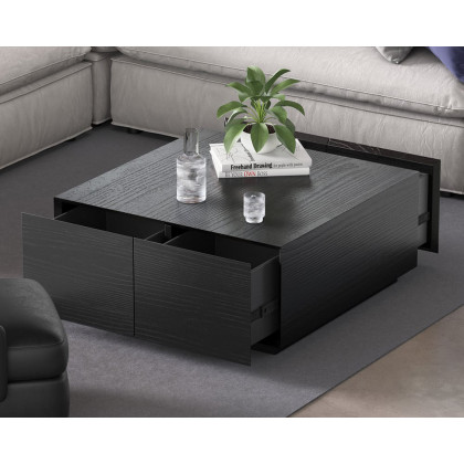 HMR 35" Square Pine Wood Block Coffee Table with 4 Drawers - Black