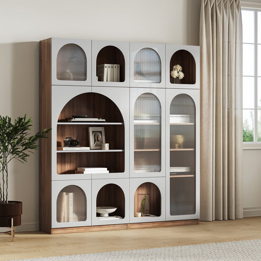 HMR - 70.9" x 31.5" Arch Bookcase with Doors Set of 2 Display Cabinet 5-Shelf Walnut & Gray