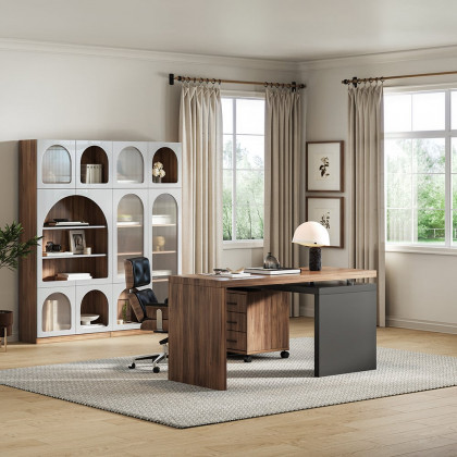 HMR - 70.9" x 31.5" Arch Bookcase with Doors Set of 2 Display Cabinet 5-Shelf Walnut & Gray