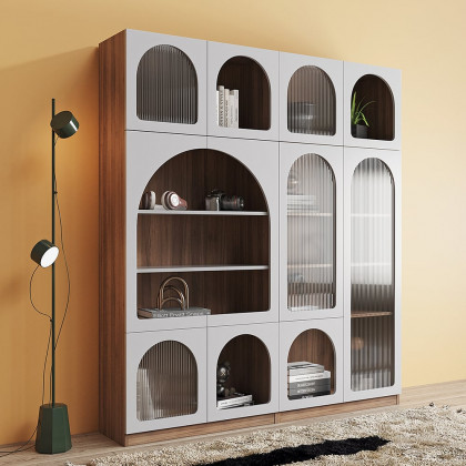 HMR - 70.9" x 31.5" Arch Bookcase with Doors Set of 2 Display Cabinet 5-Shelf Walnut & Gray
