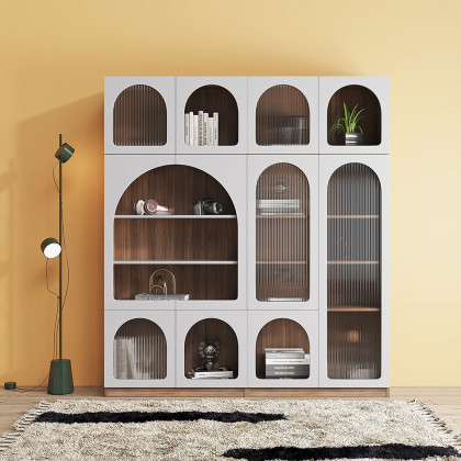 HMR - 70.9" x 31.5" Arch Bookcase with Doors Set of 2 Display Cabinet 5-Shelf Walnut & Gray