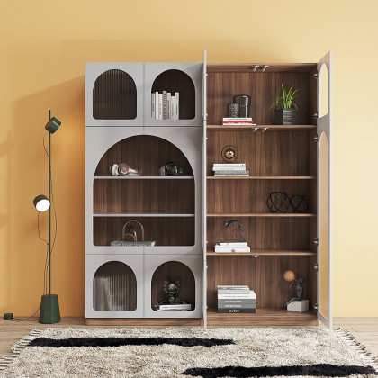 HMR - 70.9" x 31.5" Arch Bookcase with Doors Set of 2 Display Cabinet 5-Shelf Walnut & Gray