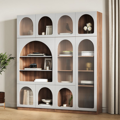 HMR - 70.9" x 31.5" Arch Bookcase with Doors Set of 2 Display Cabinet 5-Shelf Walnut & Gray