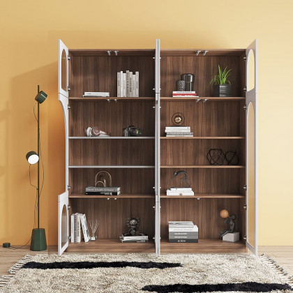 HMR - 70.9" x 31.5" Arch Bookcase with Doors Set of 2 Display Cabinet 5-Shelf Walnut & Gray