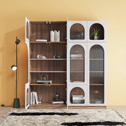 HMR - 70.9" x 31.5" Arch Bookcase with Doors Set of 2 Display Cabinet 5-Shelf Walnut & Gray
