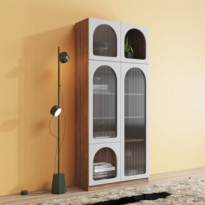 HMR - 70.9" x 31.5" Arch Bookcase with Doors Set of 2 Display Cabinet 5-Shelf Walnut & Gray