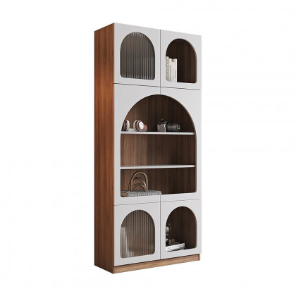 HMR - 70.9" x 31.5" Arch Bookcase with Doors Set of 2 Display Cabinet 5-Shelf Walnut & Gray