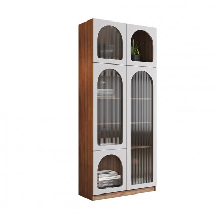 HMR - 70.9" x 31.5" Arch Bookcase with Doors Set of 2 Display Cabinet 5-Shelf Walnut & Gray
