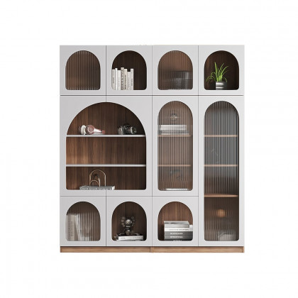 HMR - 70.9" x 31.5" Arch Bookcase with Doors Set of 2 Display Cabinet 5-Shelf Walnut & Gray
