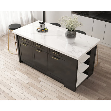 HMR 72" Modern Style Laminate Kitchen Islands with Multi-Storage - White & Black, Sintered Stone