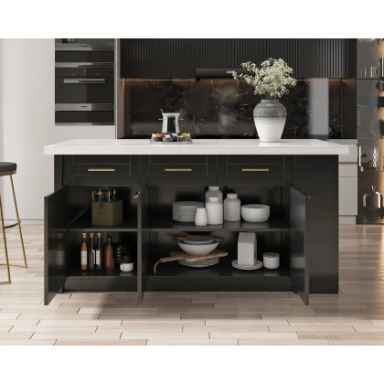 HMR 72" Modern Style Laminate Kitchen Islands with Multi-Storage - White & Black, Sintered Stone