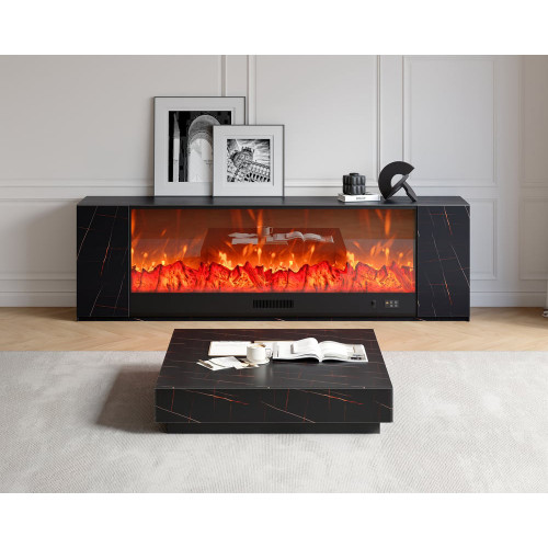 HMR Sintered Stone Electric Fireplace TV Stand & Coffee Table Set - Black, 78.7"W x 12.6"D x 23.6"H