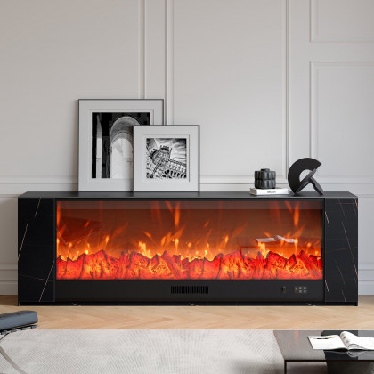 HMR Sintered Stone Electric Fireplace TV Stand & Coffee Table Set - Black, 78.7"W x 12.6"D x 23.6"H