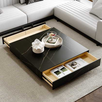 HMR Sintered Stone Electric Fireplace TV Stand & Coffee Table Set - Black, 78.7"W x 12.6"D x 23.6"H