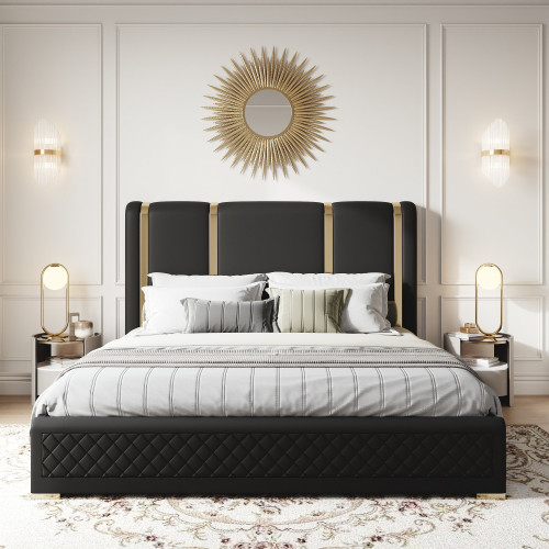 HMR King Size Upholstered Bed Frame Polished Gold & Faux Leather Headboard & Nightstands Set - Black