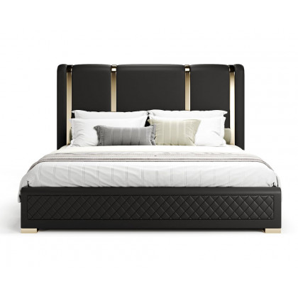 HMR King Size Upholstered Bed Frame Polished Gold & Faux Leather Headboard & Nightstands Set - Black