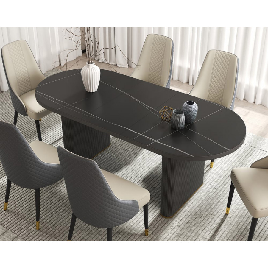 HMR - 79''-95'' Oval Extendable Sintered Stone Top Dining Table Seats 8-10