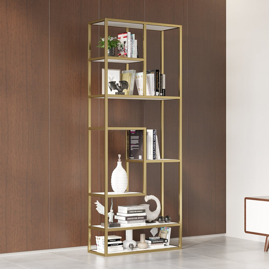 HMR - 78" Modern White & Gold Etagere Bookshelf Display 8-Shelf Tall Book Shelf Rich Storage