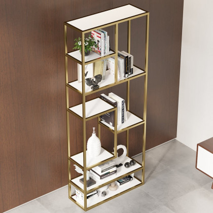 HMR - 78" Modern White & Gold Etagere Bookshelf Display 8-Shelf Tall Book Shelf Rich Storage