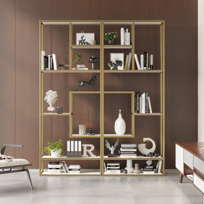 HMR - 78" Modern White & Gold Etagere Bookshelf Display 8-Shelf Tall Book Shelf Rich Storage