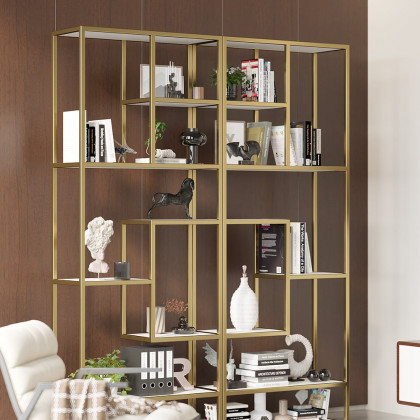 HMR - 78" Modern White & Gold Etagere Bookshelf Display 8-Shelf Tall Book Shelf Rich Storage