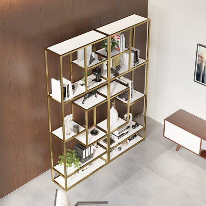 HMR - 78" Modern White & Gold Etagere Bookshelf Display 8-Shelf Tall Book Shelf Rich Storage