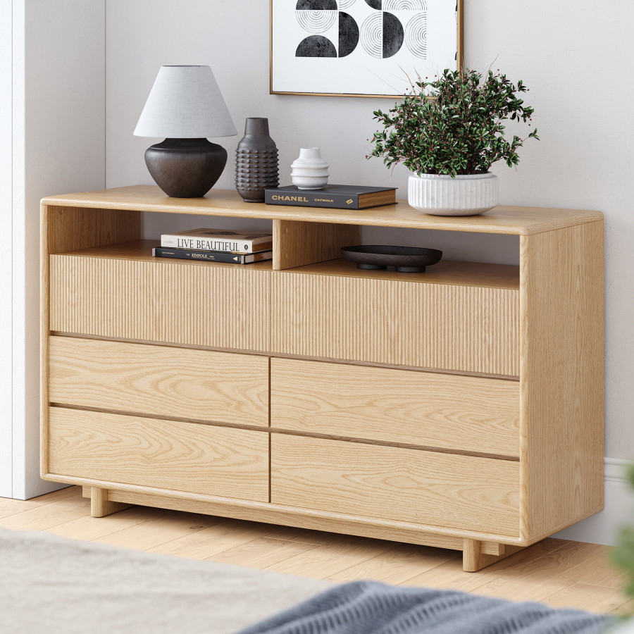 HMR - 47" Modern 6-Drawer Wood Dresser with Shelves