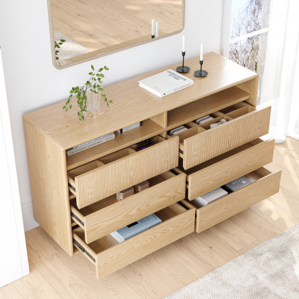 HMR - 47" Modern 6-Drawer Wood Dresser with Shelves