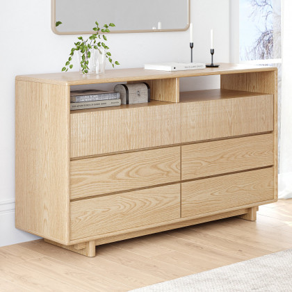 HMR - 47" Modern 6-Drawer Wood Dresser with Shelves