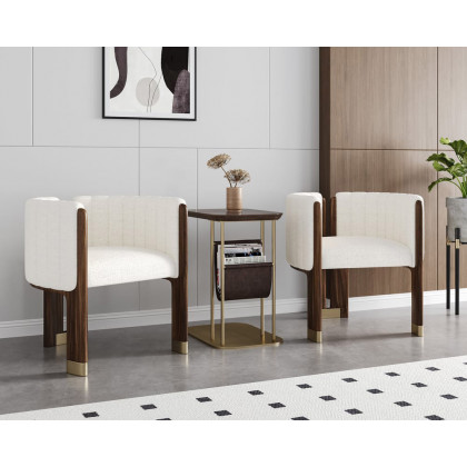 HMR Boucle Fluted Upholstered Accent Chair with Wood Frame (Set of 2) - White