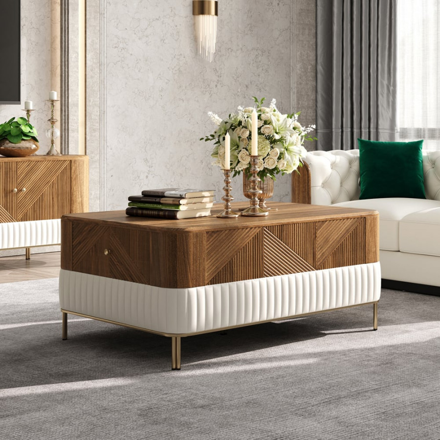 HMR - Wovent Mid-Century Modern Walnut Wood Rectangular Coffee Table with Storage