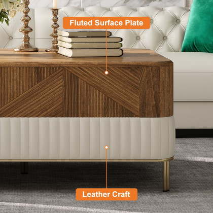 HMR - Wovent Mid-Century Modern Walnut Wood Rectangular Coffee Table with Storage