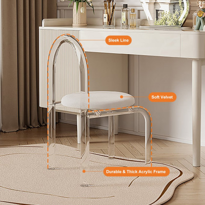HMR - Modern White Vanity Stool with Back Velvet Upholstered Acrylic Chair for Bedroom