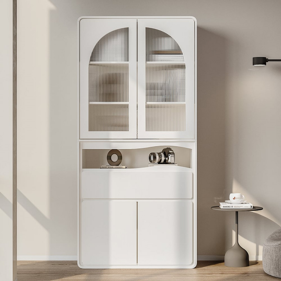 HMR - 74.8" Modern Modular Bookcase with 4 Doors and 1 Drawer White Wooden Bookshelf Storage