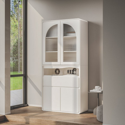 HMR - 74.8" Modern Modular Bookcase with 4 Doors and 1 Drawer White Wooden Bookshelf Storage