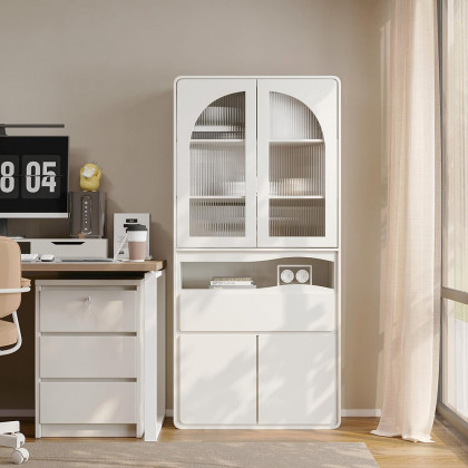 HMR - 74.8" Modern Modular Bookcase with 4 Doors and 1 Drawer White Wooden Bookshelf Storage