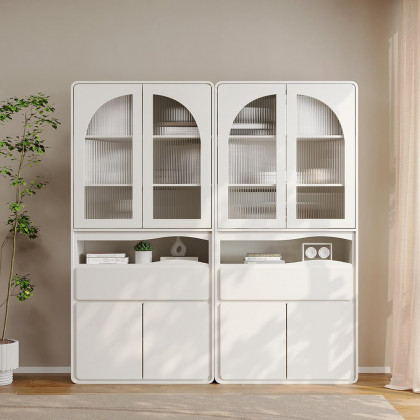 HMR - 74.8" Modern Modular Bookcase with 4 Doors and 1 Drawer White Wooden Bookshelf Storage