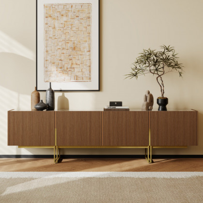 HMR Grovyn Sintered Stone Top Fluted TV Stand with Storage - Walnut, 78.7"W x 17.7"D x 23.6"H, Without Fireplace