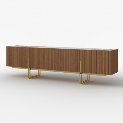 HMR Grovyn Sintered Stone Top Fluted TV Stand with Storage - Walnut, 78.7"W x 17.7"D x 23.6"H, Without Fireplace