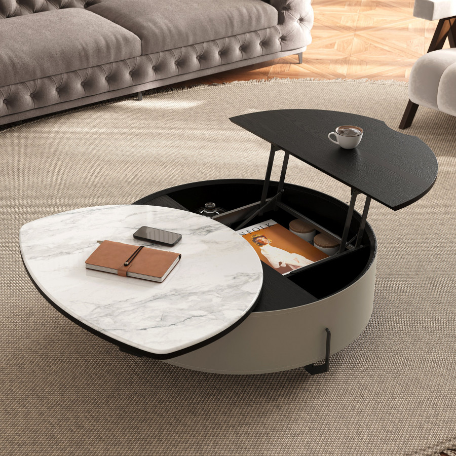 HMR - 35" White Faux Marble Leather Lift-Top Coffee Table