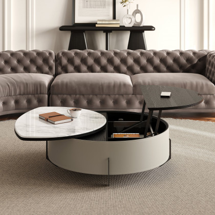 HMR - 35" White Faux Marble Leather Lift-Top Coffee Table
