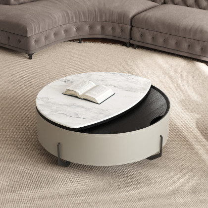 HMR - 35" White Faux Marble Leather Lift-Top Coffee Table
