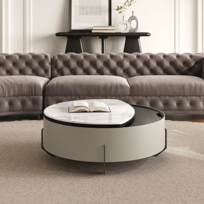 HMR - 35" White Faux Marble Leather Lift-Top Coffee Table