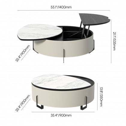 HMR - 35" White Faux Marble Leather Lift-Top Coffee Table