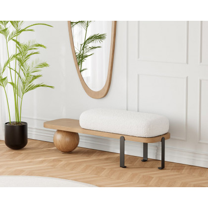 HMR Wooden Entryway Bench Fleece Upholstered with Abstract Metal Legs - Natural/Black
