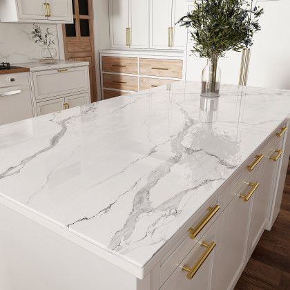 HMR 72" Modern Style Laminate Kitchen Islands with Multi-Storage - White, Sintered Stone