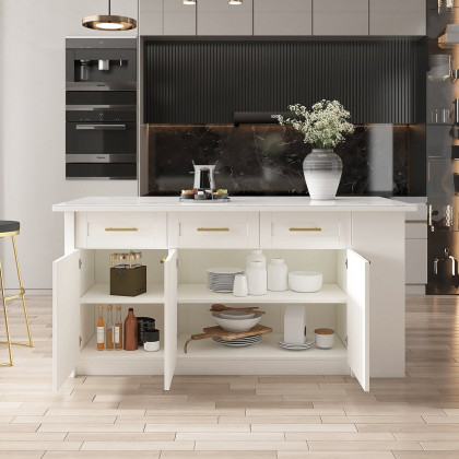 HMR 72" Modern Style Laminate Kitchen Islands with Multi-Storage - White, Sintered Stone