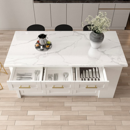 HMR 72" Modern Style Laminate Kitchen Islands with Multi-Storage - White, Sintered Stone