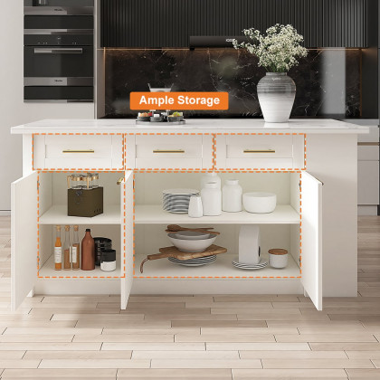 HMR 72" Modern Style Laminate Kitchen Islands with Multi-Storage - White, Sintered Stone