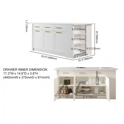 HMR 72" Modern Style Laminate Kitchen Islands with Multi-Storage - White, Sintered Stone